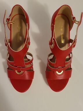 JoliMall Red Strappy Heeled Sandals Gold Accents Size 8